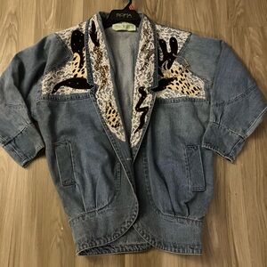 Blue Denim Women's Jacket with Artistic Accents